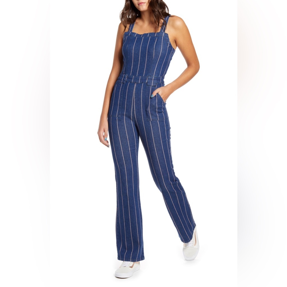 New Prosperity Pink Stripe Overalls Flare Jeans Zipper Size Small
